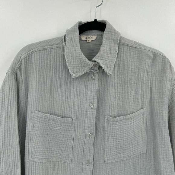 LA MIEL Women's Blue Gray Gauzy Oversized Button Up Long Sleeve Shirt Size Small - Picture 3 of 6